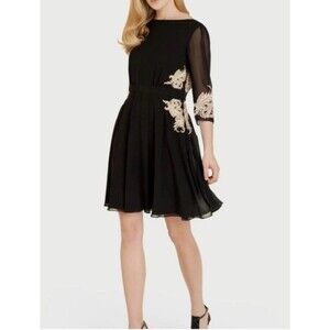 Ted Baker Black Chiffon Gold Embroidered Fit & Flare Gaenor Dress Size 4 US 10